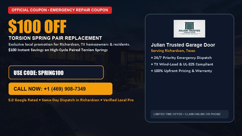 Julian Trusted Garage Door $100 OFF Dual Torsion Spring Replacement in Richardson, TX